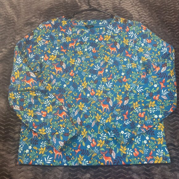 talbots 3/4 Sleeve Top With Colorful Deer & Foliage Pattern 100% Cotton Face & B - Picture 2 of 10